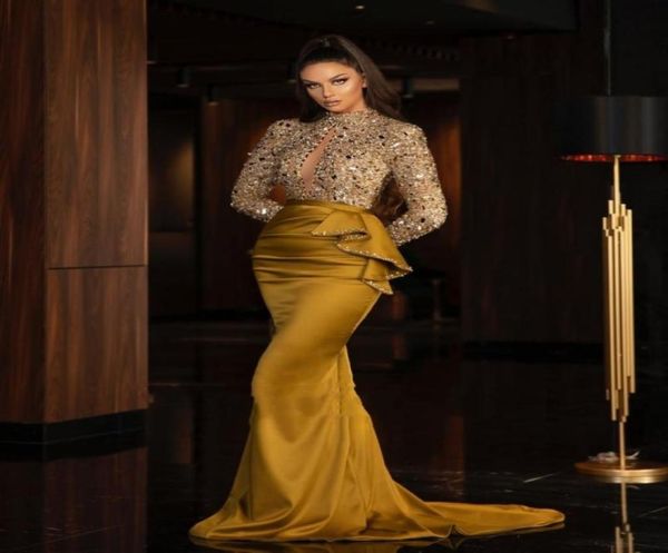 

2022 glitter sequined mermaid evening dresses high collar sequins beaded long sleeve sweep train formal party dress wear prom gown3060963, Black;red