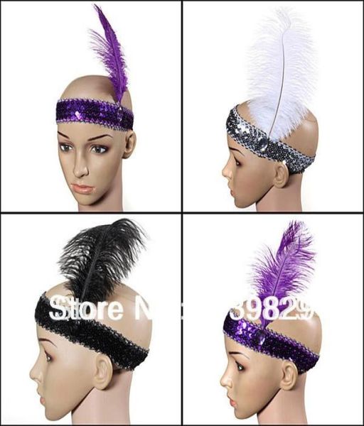 

whole 10pcslot new fashion fancy feather headband flapper sequin costume hair band dancing party hairband 6265771, Golden;white