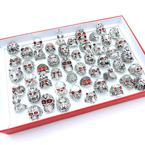 

wholesale 50pcs rings for men women silver color skull animals punk fashion jewelry accessories halloween party gift red eyes skeleton, Golden;silver