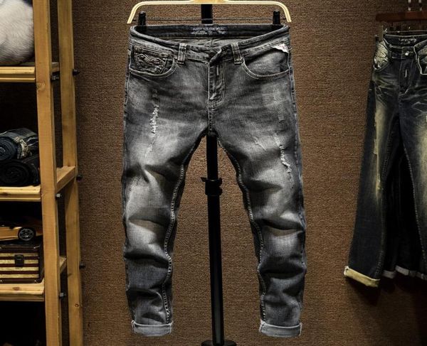 

men039s jeans fashion streetwear men black gray color destroyed ripped slim fit pants italian vintage homme5649538, Blue