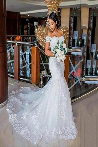 

2021 off shoulder african mermaid wedding dresses lace appliques beaded plus size vestidos de novia court train bridal gowns custo7734283, White