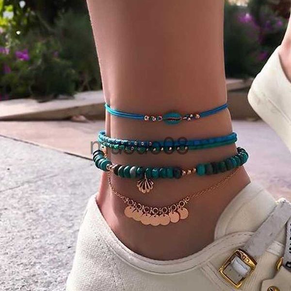 

anklets docona 4pcs boho shell beaded anklet set for women multilayer adjustable sequin pendant foot chains beh jewelry tobillera 8792 j2308, Red;blue