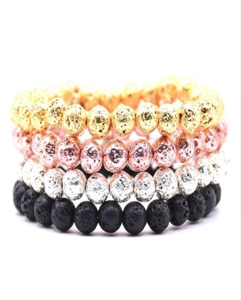 

fashion silver gold color 8mm lava stone bracelet round electroplated volcanic rock spacer beads bracelet for women men jewelry8870151, Black