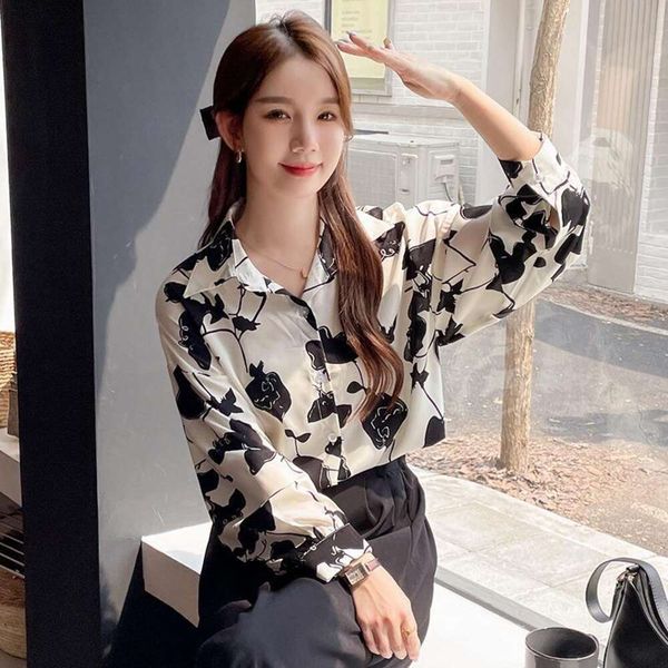

spring and womens blouses autumn french retro fashion loose lazy temperament rose print long sleeved shirt for, White