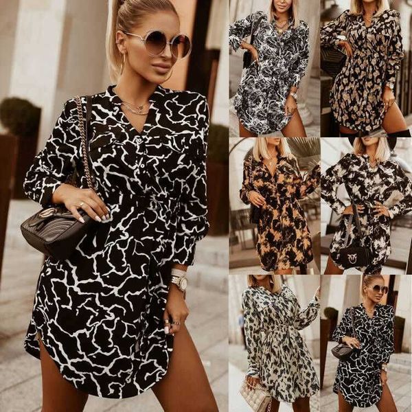 

2023 new waist tie long sleeve printed shirt dress for women, Black;gray
