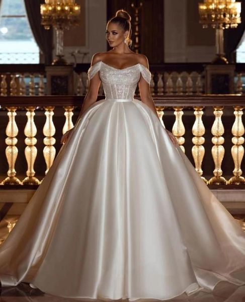 

sparkly sequins ball gown wedding dresses with detachable satin train elegant offtheshoulder dubai arabic modern bridal gowns ro5544578, White