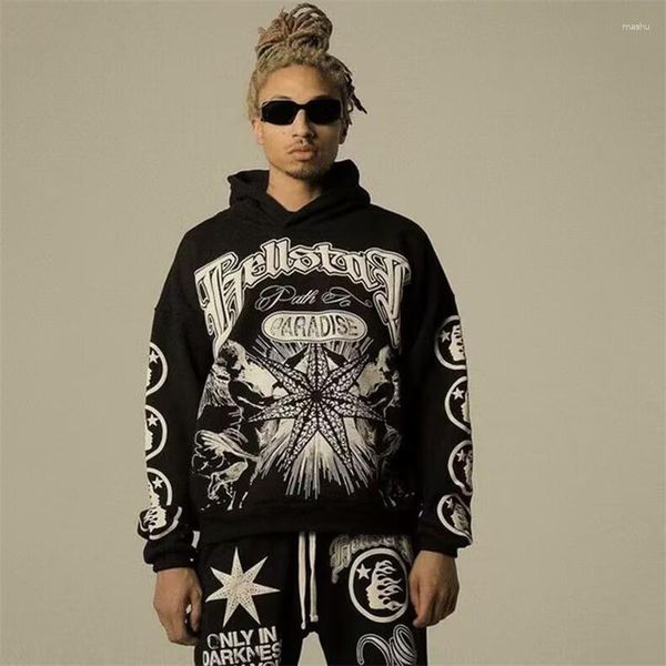 

men's tracksuits hellstar retro vintage crack print oversized 1:1 and women's high street hoodie pants set, Gray