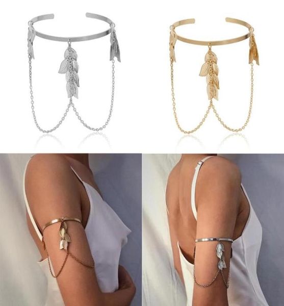 

bangle arm chain retro boho leaves upper cuff armband slave bracelet jewelry bracelete de esqueleto pulseras8460110, Black