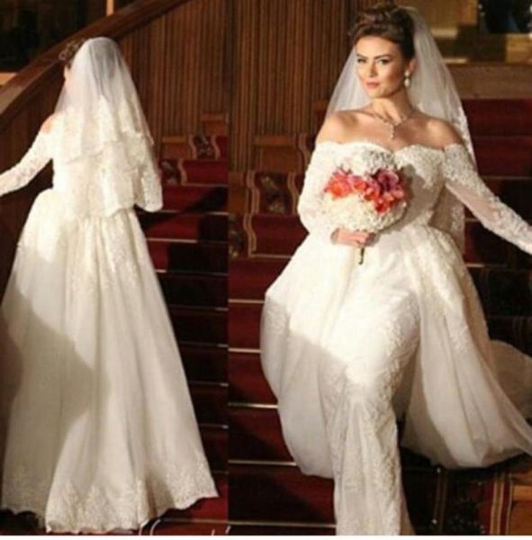 

vestido de noiva sheath wedding dresses 2015 sweetheart neckline lace tulle long sleeves with court train7462591, White