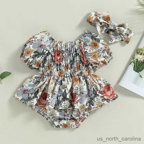

girl's dresses infant baby girls romper dress sets floral print short puff sleeve skirt hem bodysuits summer jumpsuits with headband r2, Red;yellow