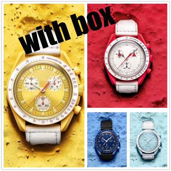 

moonwatch 30m waterproof mens watch mens 42mm watch nylon strap ceramic dial quartz watch., Slivery;brown