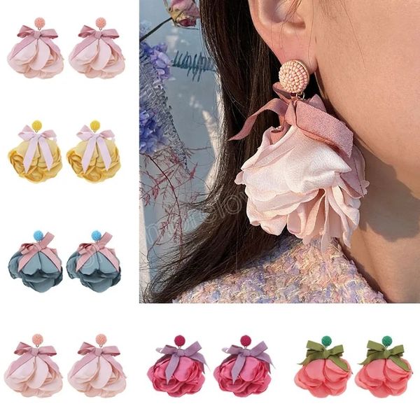 

fabric bow flower earrings fashion exaggeration handmade long earrings bohemian statement earrings women jewelry original design, Silver