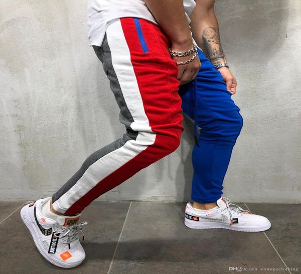 

mens autumn winter new casual pants contrast color patchwork drawstring slim fit fashion hip hop streetwear trousers pants3364396, Black