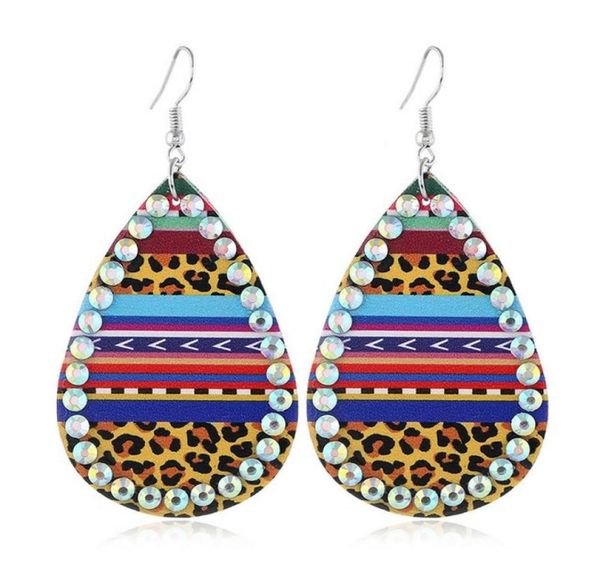 

fashionable leopard printing earrings rhinestone decorated pu faux leather stripe teardrop earrings for womens3306307, Silver