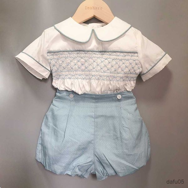 

clothing sets children boutique clothing boy and girl handmade smocked embroidered set cotton short sleeves baptismal clothing suit r230815, White