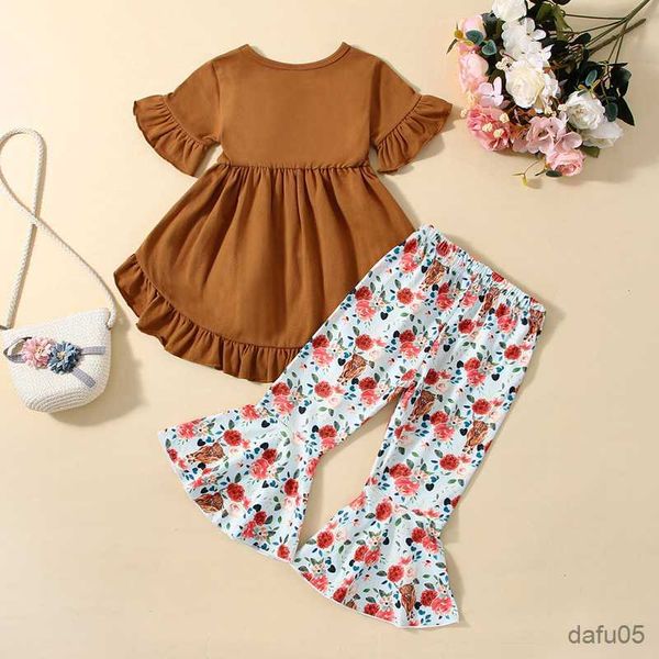 

clothing sets 2pcs toddler girl spring summer outfits short sleeve dress floral flare pants clothing set r230815, White