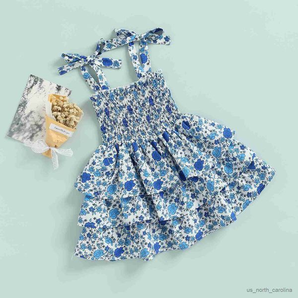 

girl's dresses girl sleeveless dress floral printed tie up multi-layers pleated sweet sling dress casual simple summer clothes r230815, Red;yellow