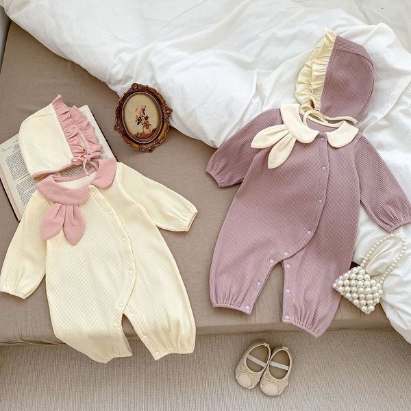 

rompers cute baby girl romper ins autumn long sleeve rabbit ear collar single breasted loose jumpsuit hat 2pcs p ography clothes 0 24m 23081, Blue