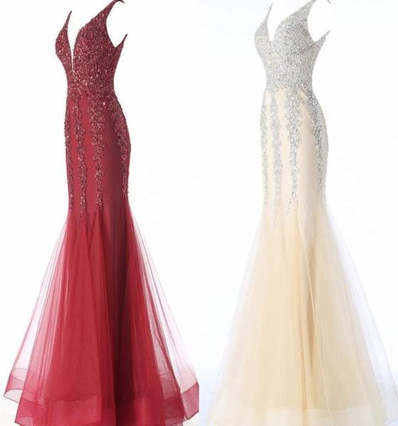 

luxury crystal mermaid wine red champagne 2022 prom evening dresses v neck tulle beaded open back party pageant formal dress long9224470, Black