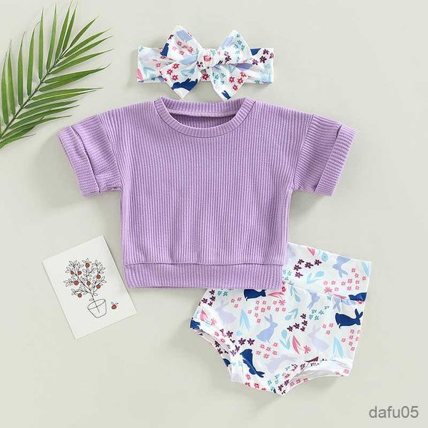 

clothing sets 0-3y baby girls clothes sets summer short sleeve solid t-shirt and elastic rabbit print shorts headband set r230815, White