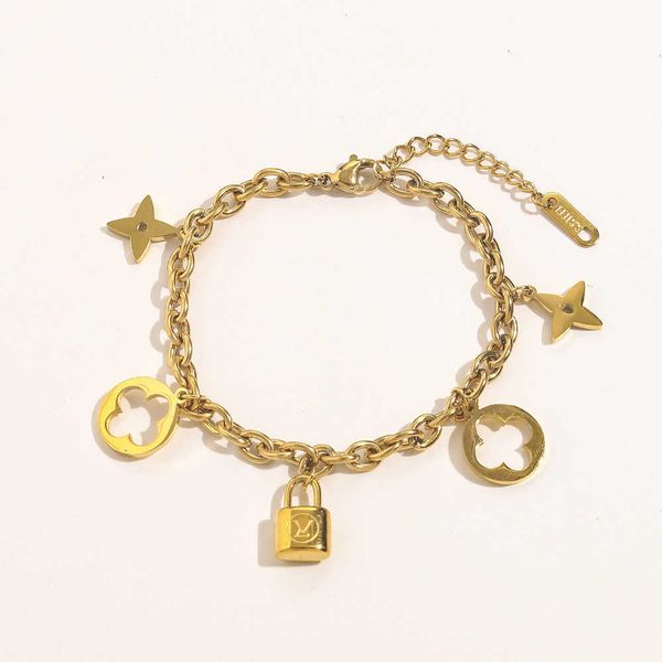 

fashion l designer letter classic simple thick chain bracelet necklace small lock clover pendant handpiece set, Black
