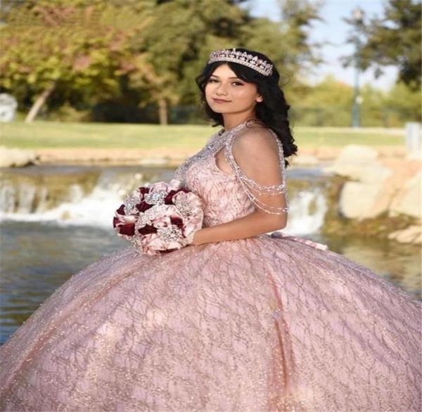 

2022 bling rose gold pink sequined lace puffy quinceanera dresses high neck crystal beading off shoulder ball gown vestidos d2929092, Blue;red