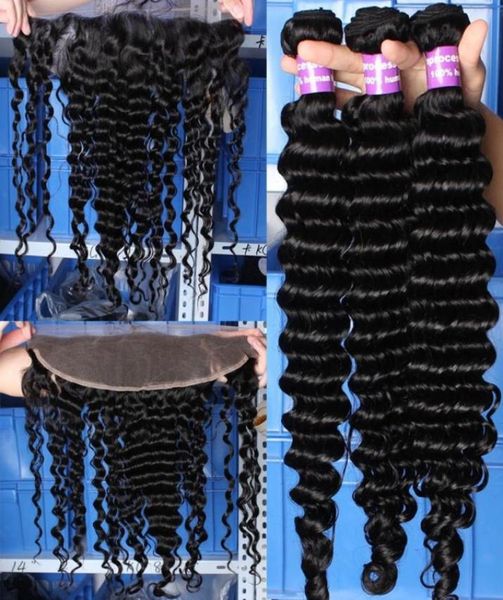 

brazilian human hair with lace frontal closure 13x4 deep wave curly full lace frontal bleached knots with human hair weave bundles2966655, Black