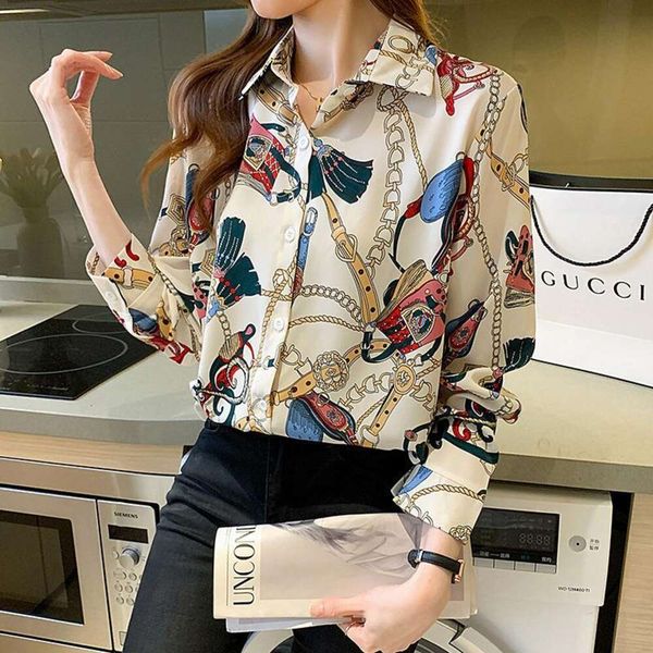 

long sleeved chiffon shirt for women design printed autumn korean fashion loose temperament, White
