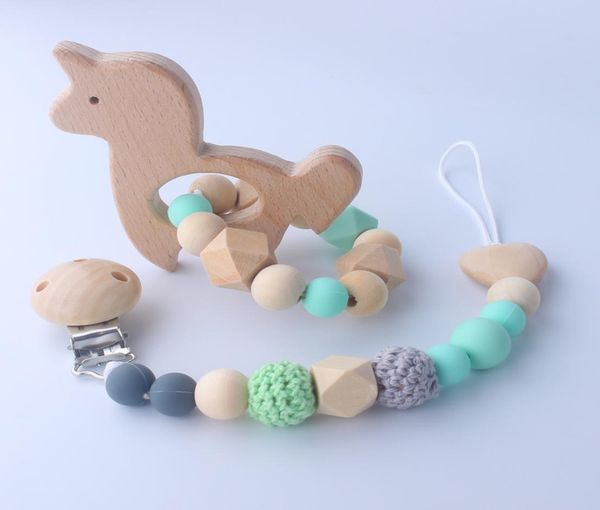

baby wooden teether silicone beads teething ring bracelet hand made rattles pacifier holder toys 2pcsset5299027