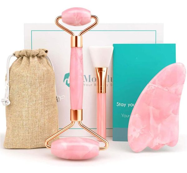 

face massager original jade roller and gua sha set rollers facial roll 100 natural rose quartz massagers for skin eyes neck6060023