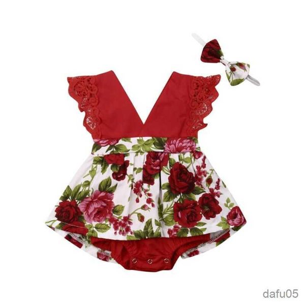 

clothing sets summer clothing set baby girl floral romper headband girl false dresses baby clothes newborn outfits r230815, White