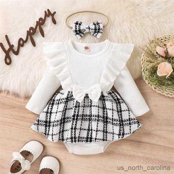 

girl's dresses infant baby girl spring autumn jumpsuit ribbed print patchwork ruffled long sleeve romper dress bow headband r230815, Red;yellow