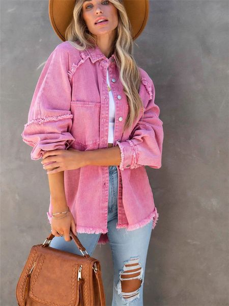 

womens jackets girls sweet pink loose shirt jacket woman casual soft button denim shirts ladies chic solid pocket jackets 230815, Black;brown