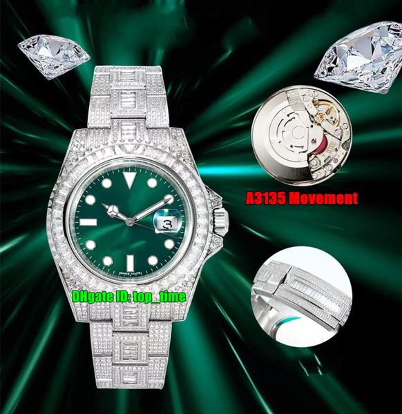 

amg factory watches 116610 full diamond 40mm 904l a3135 automatic mens watch green dial gypsophila pave diamonds bracelet gents wristwatches, Slivery;brown