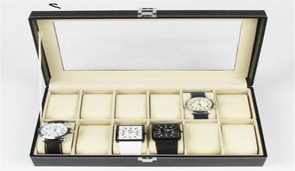 

12 digits watches pu leather watch box display box jewelry storage organizer case locked boxes retro saat kutusu caixa para relogi5166574, Black;blue