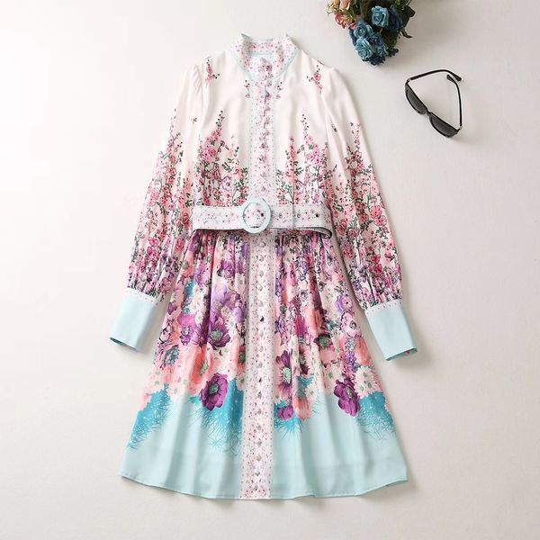 

european and american women's clothing 2023 autumn new long-sleeved stand collar floral print fashion single breasted belt dress, Black;gray