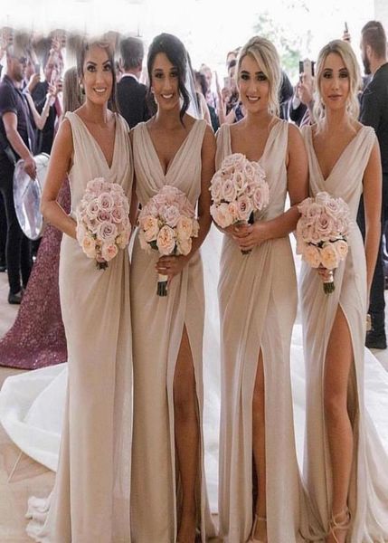 

champagne bridesmaid dresses chiffon deep v neck front side split plus size maid of honor gown wedding guest dress7884709, White;pink