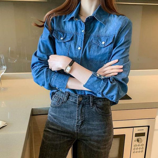

denim shirt womens long sleeved preppy style spring and autumn slim fit all matching korean, White