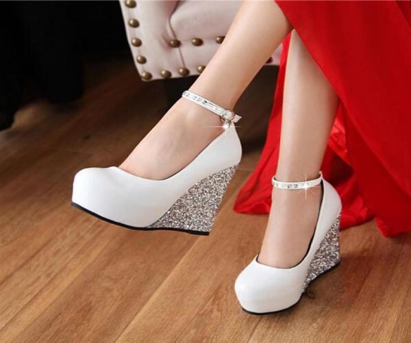 

white wedding shoes glittering wedge heel rhinestones bride hasp waterproof a word buckle high heels female 3 colors6552632, Black