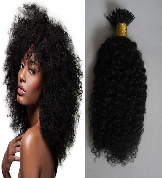 

mongolian kinky curly hair natural color i tip hair extensions human hair extension keratin 100g8036838, Black