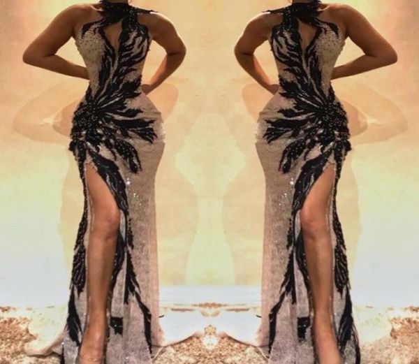 

split side high lace mermaid prom dresses keyhole neck crystal beaded backless evening gowns hollow out front celebrity dress7480781, Black