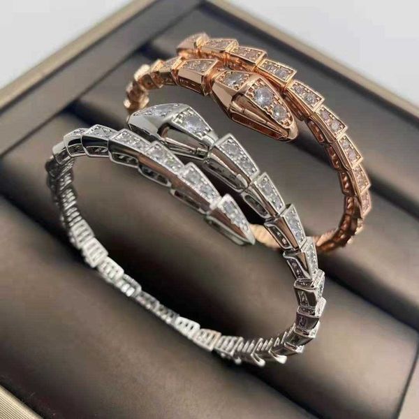 

Luxury Bvlgr top jewelry accessories designer woman High edition snake bone full diamond bracelet plated thick gold fashionable narrow snake shaped open Bracelet