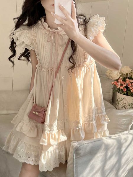 

summer lolita kawaii mini dres flying sleeve japanese sweet cute dress female korean style ruched fairy new 230808, White;black