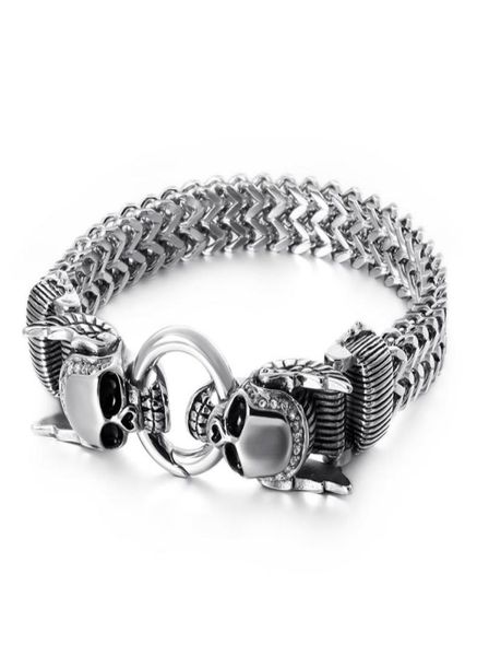 

xmas gifts crystals 316l stainless steel casting figaro link chain bracelet double skull end bangle bracelet mens boy jewelry silv3402428, Black