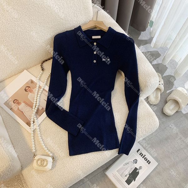 

slim women knits letter embroidery ladies tees lapel neck blue knitwear autumn winter casual tees, White