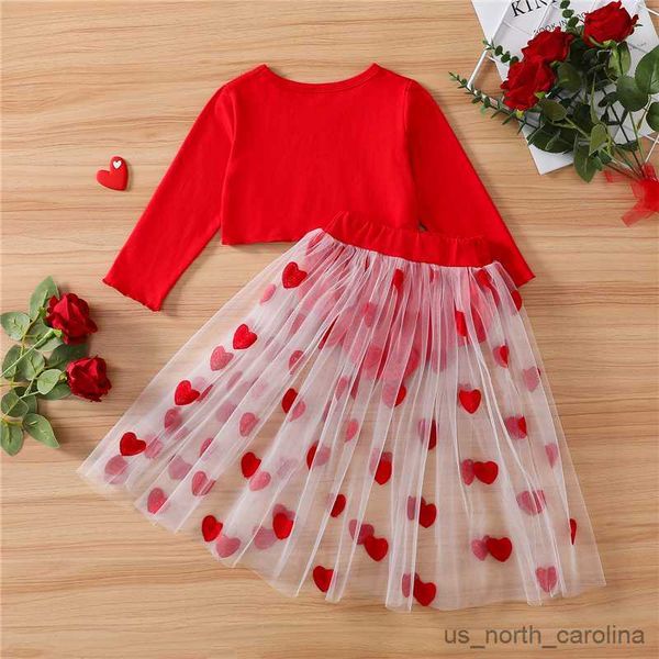 

girl's dresses valentine's day kids girls suit long sleeve round neck solid color crop see through mesh heart half dress with sho, Red;yellow