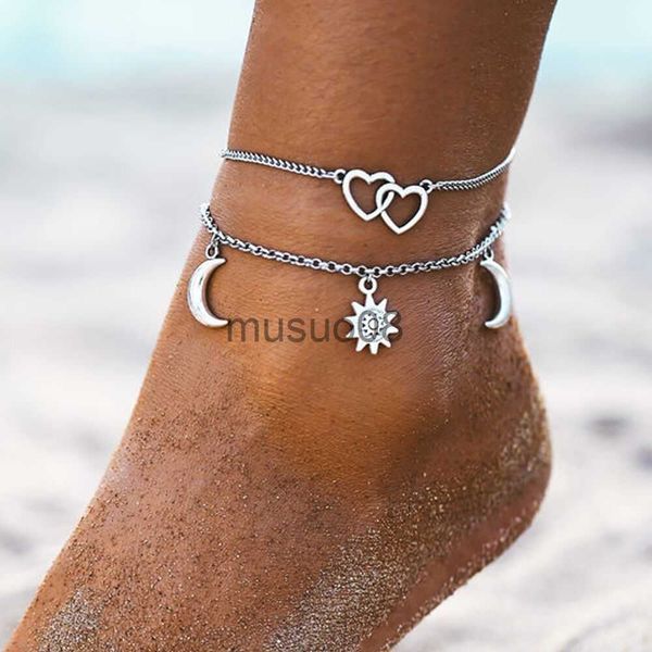 

anklets two layers chain heart moon sun gold silver color anklets for women brelets summer barefoot sandals jewelry on foot leg j230815, Red;blue