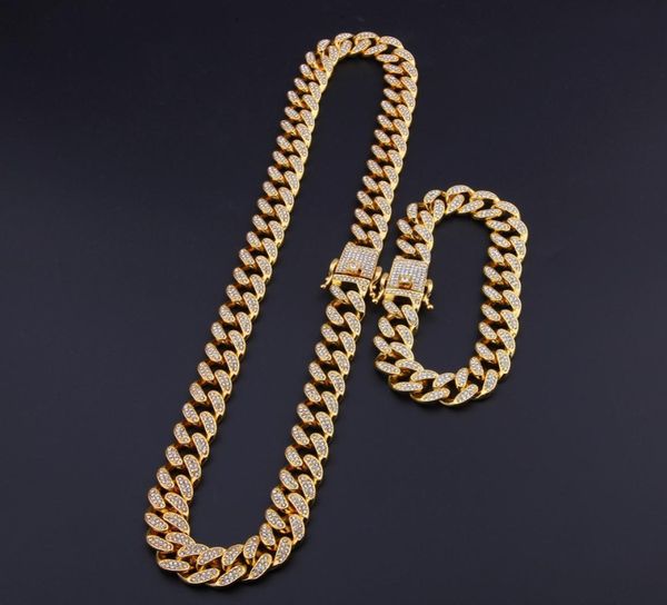 

13mm miami cuban link chain gold silver necklace bracelet set iced out crystal rhinestone bling hip hop for men9583927