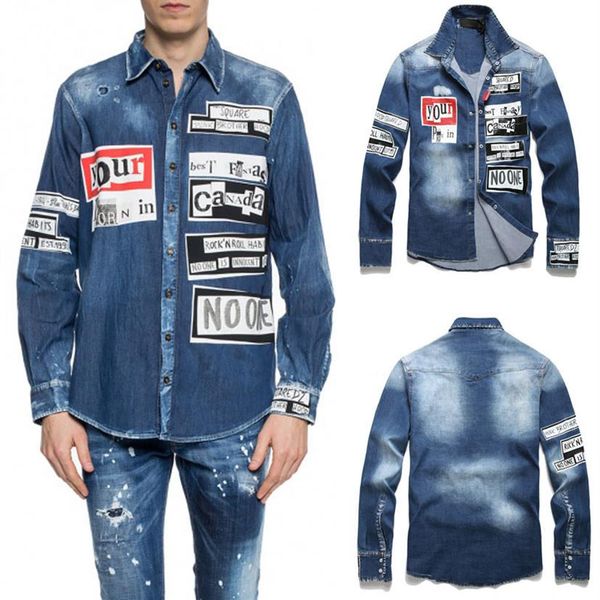 

patch denim shirt man slim fit longsleeves jeans shirt mens254y, White;black