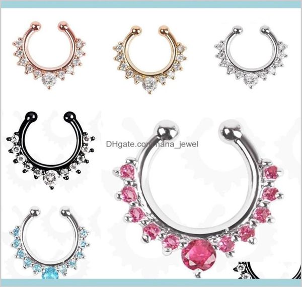 

studs body 50pcs rhinestone crystal septum clicker rings non piercing hanger clip on jewelry fake nose hoop piercings 6 colors dro5286997, Silver
